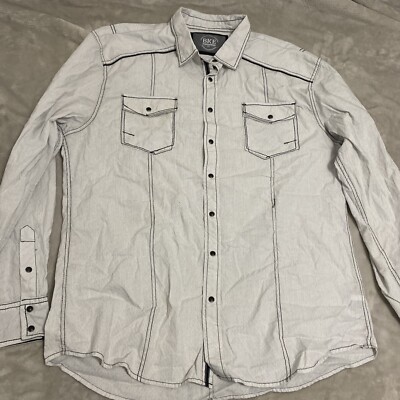 BKE Pearl Snap Shirt Men XXL Gray Striped Long Sleeve Athletic Fit Buckle