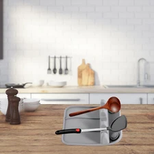 Silicone Spoon Rest RackHeat-Resistant w/ Drip Tray Kitchen Utensil Holder Gray