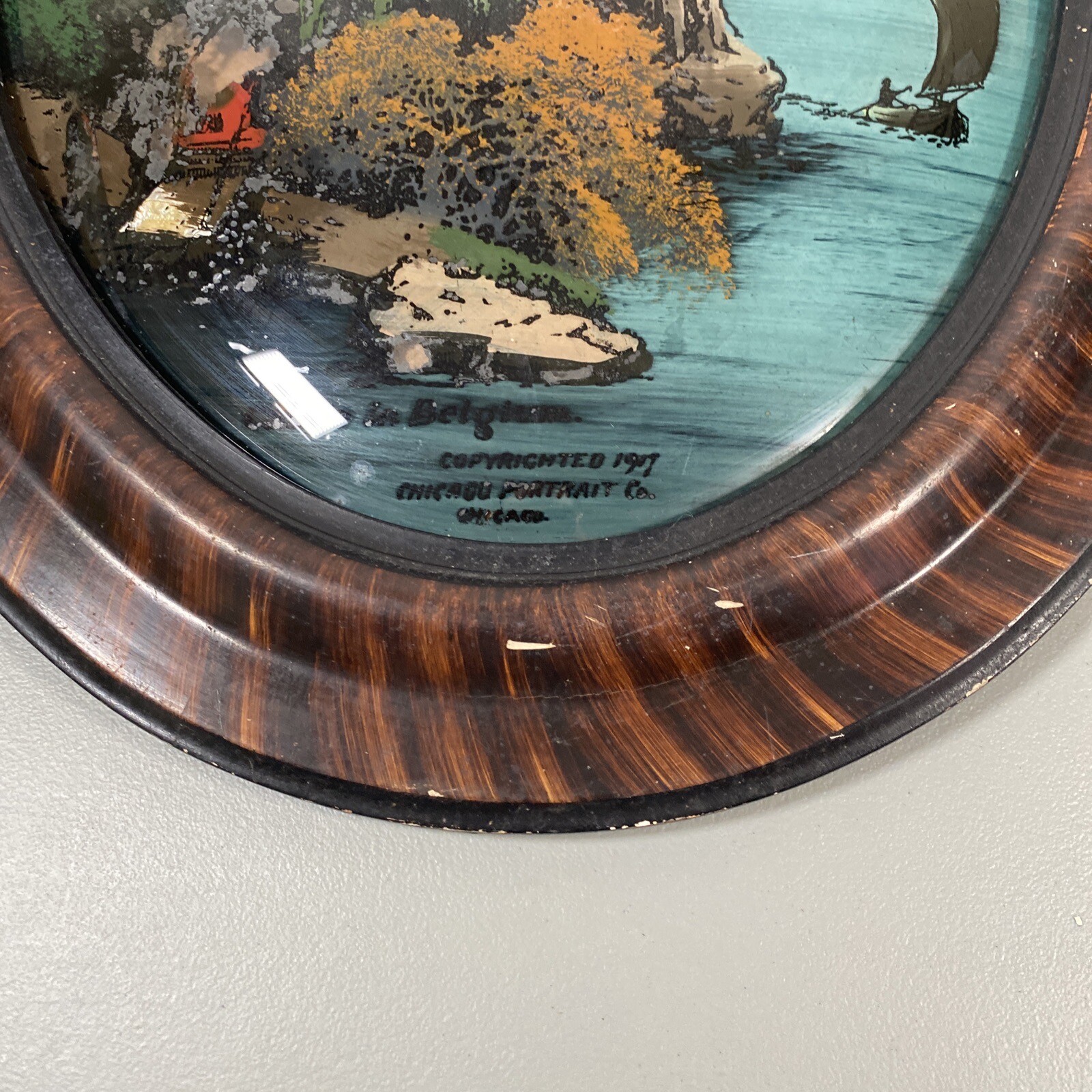 Antique Tiger Wood Oval Frame Convex Bubble Glass Picture Castle