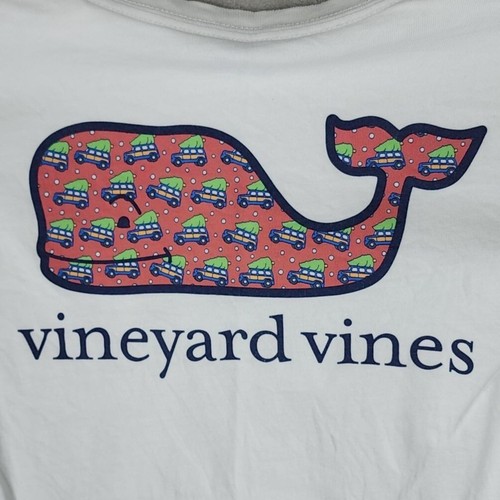Vineyard Vines Shirt Youth 7 White Logo Whale Car Christmas Tree Long Sleeve - Picture 3 of 9