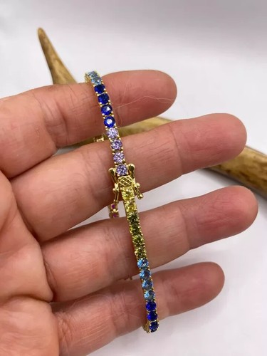 6Ct Lab Created Multi-color Stone Rainbow Tennis Bracelet 14KYell Gold Plated 7" - Picture 2 of 5