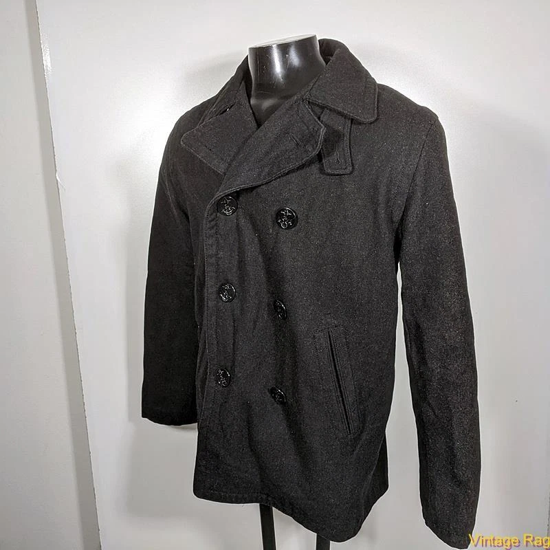 Abrigo Chaqueta Abrigo Chaquetón Guisante Mezcla Lana Azul Marino Antiguo Para Hombre Talla M Negro Aislado Foto 3 de 4