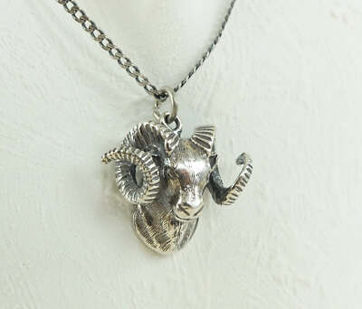 SOLID Silver Ram Head Goat Pendant Necklace - Aries zodiac sign Rope 18'' Curb