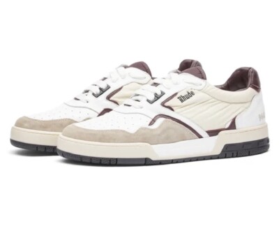 Rhude Racing Sneaker in White, Maroon, & Beige 11