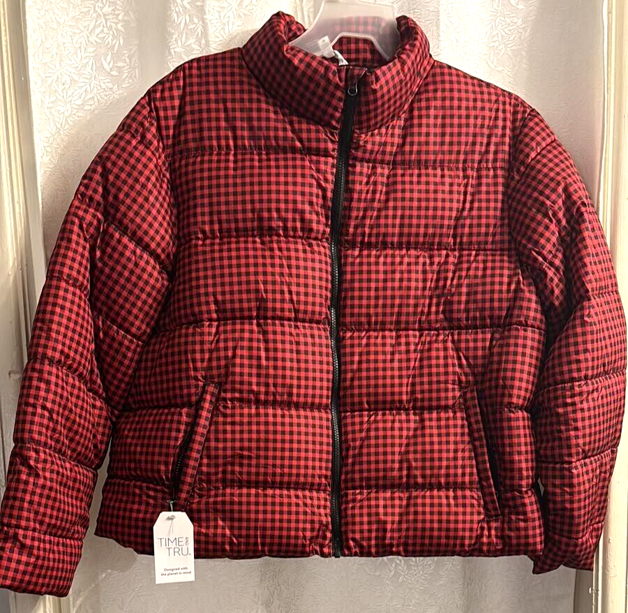 Women's Time & Tru Black Red Plaid Puffer Jacket Size 2XL NWT