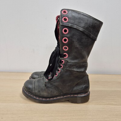Dr. Martens Aimilita grün Leder halbhohe 12 Löcher Stiefel rosa Blumen gefüttert UK 4