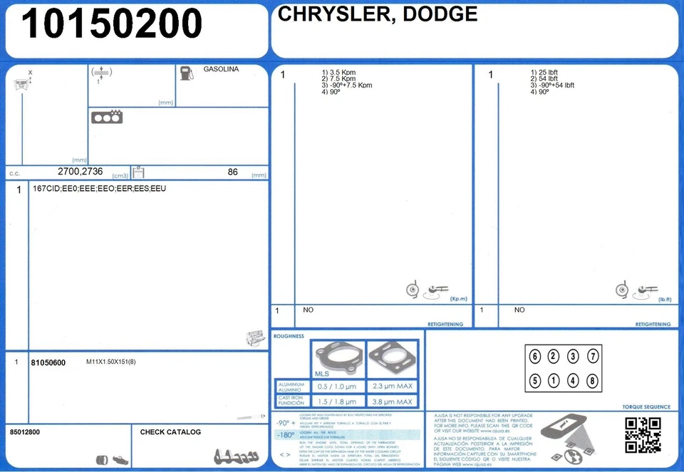 One Cylinder Head Bolt Set CHRYSLER CIRRUS V6 24V 2.7 204 EEE (2003-) - Image 2 of 2