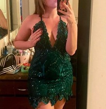 PRETTYLITTLETHING Emerald Green Sequin Mini Bodycon Deep V Dress UK 12