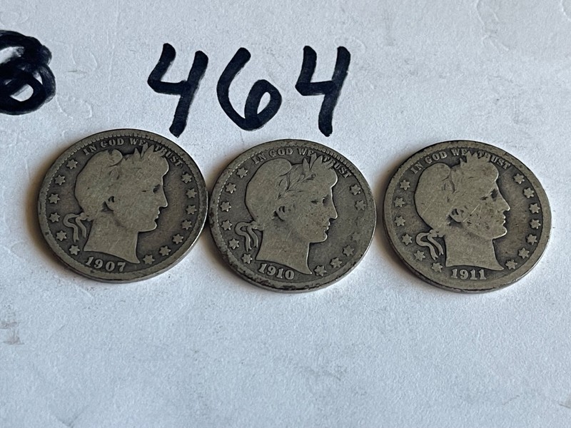 Barber Quarters Lot 1907P 1910D 1911P 90% SILVER Zoom on Pictures L@@K NICE LOT