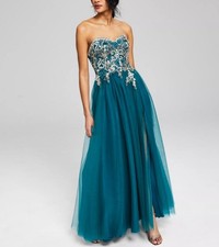 Blondie Nites Juniors' Strapless Mesh Ball Gown Teal Gold 7