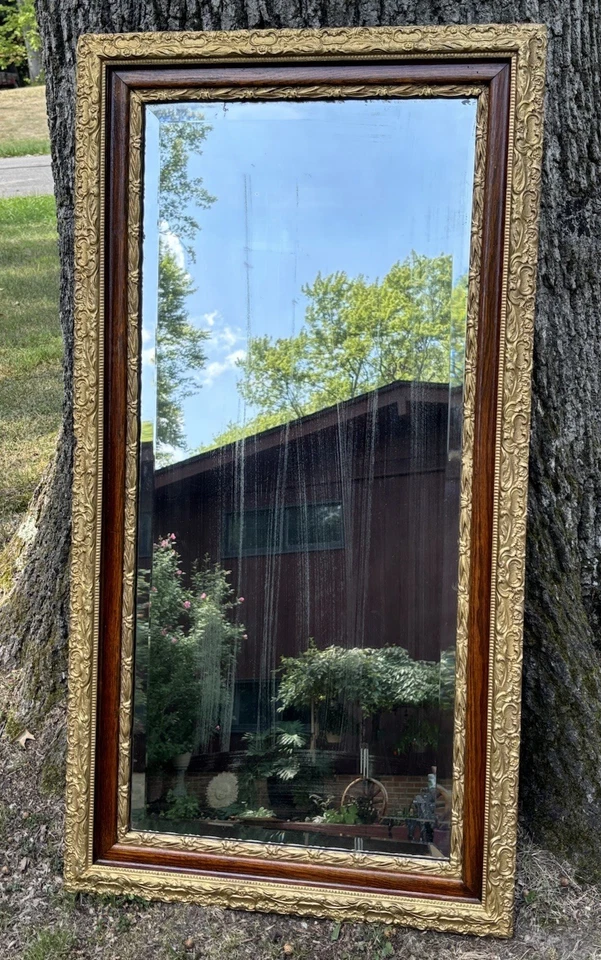 Antique Victorian Gold Gilt Gesso & Solid Oak Beveled Wall Mirror Mercury Glass - Image 2 of 4