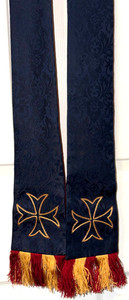 GORGEOUS VINTAGE CATHOLIC PRIESTS BLUE SILK DAMASK GOLD & RED STOLE