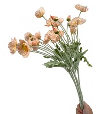Set of 6 Poppies Flowers Artificial Silk Flowers with Long Stems Faux Wildflo...