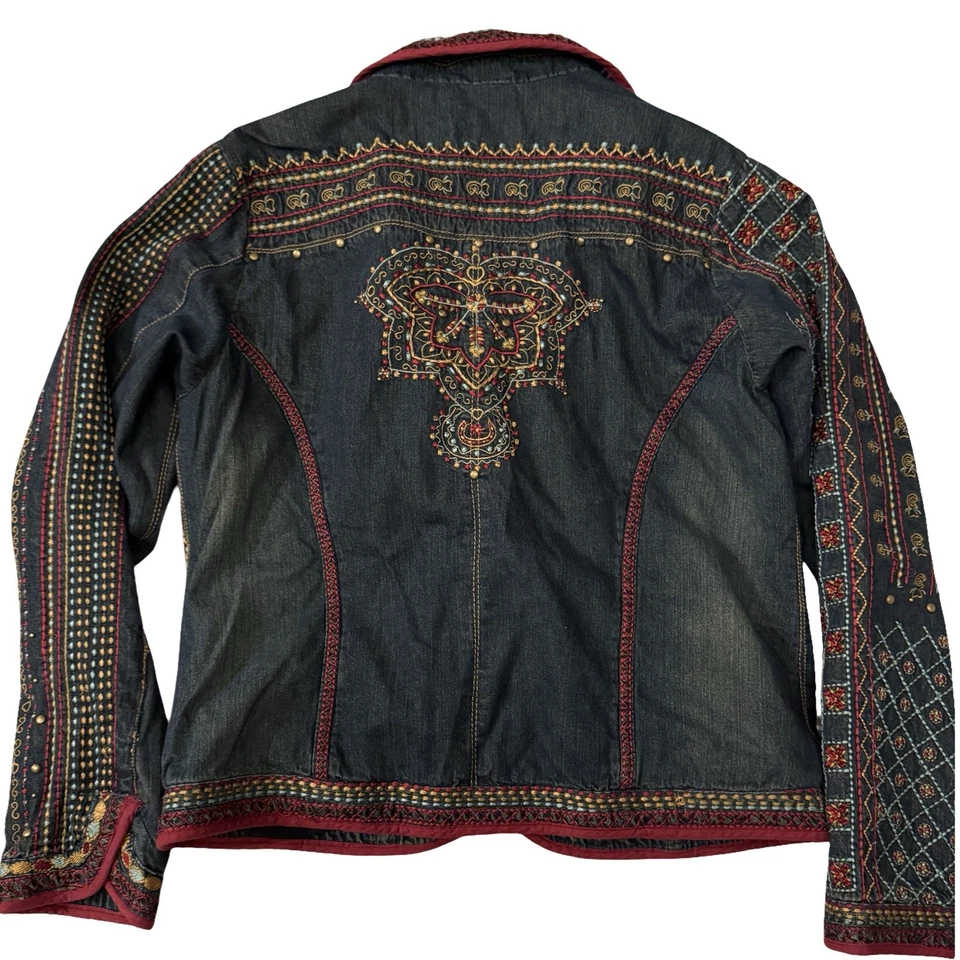 Chico’s Embroidered Denim Blazer Jacket Boho Festival Ethnic Statement Coat Med. - Image 3 of 4