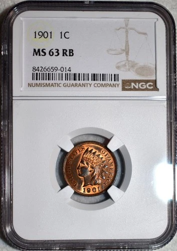 NGC MS-63 RB 1901 Indian Head Cent, Lustrous, Red-Brown specimen.