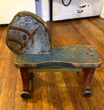 Antique Wooden Horse Pull Toy on Wheels, Hand-Painted Blue/Red