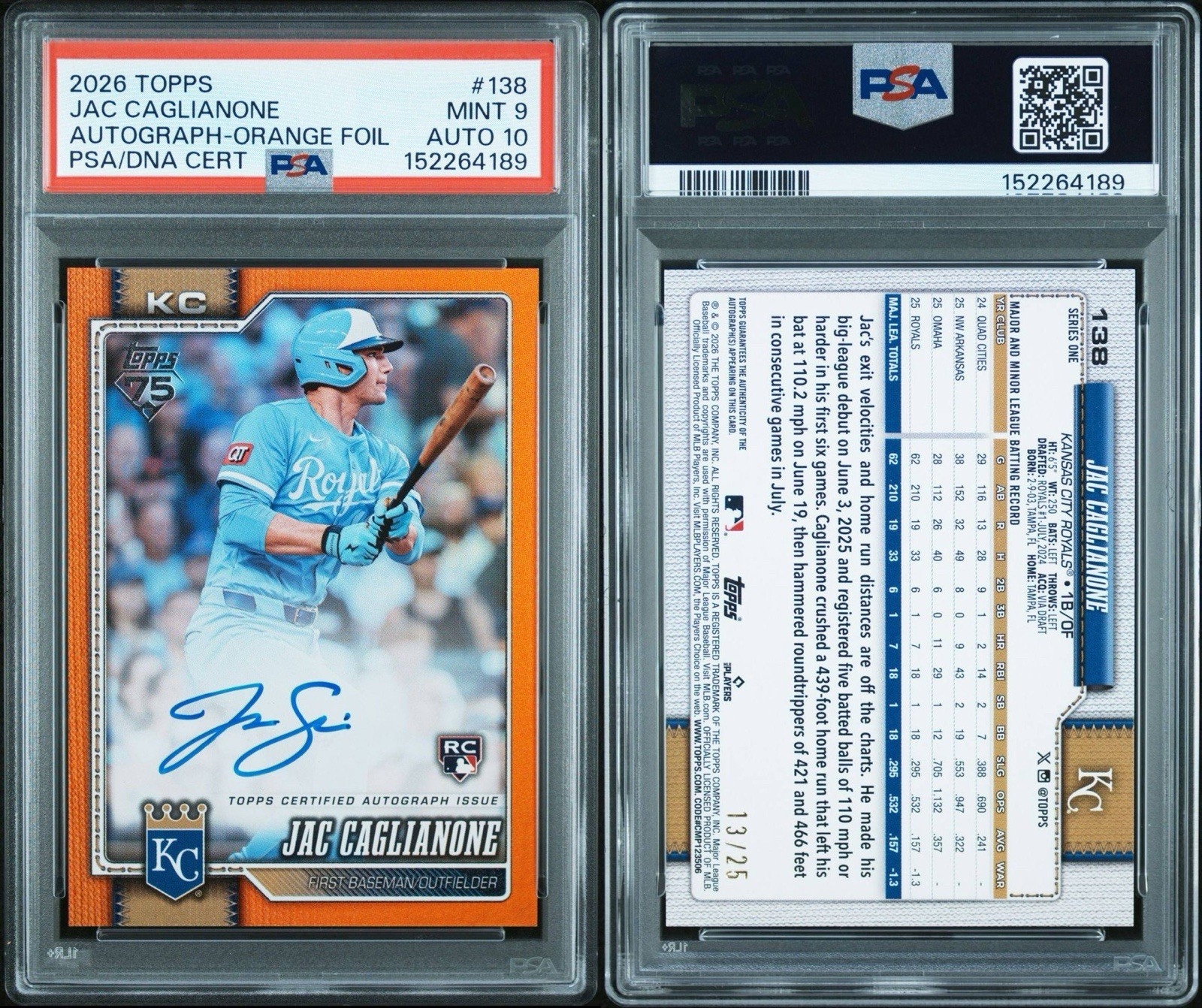 Topps 2026 Jac Caglianone Royals RC Auto Orange Foil /25 #138 PSA 9 Auto 10 view 3