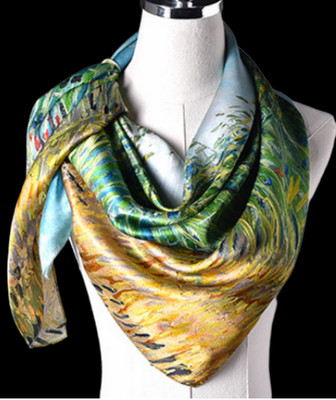 100% Silk 35'' large Square Scarf Women Wrap neckerchief floral blue green JH12-1