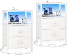 Set of 2 Nightstand White Wood Bedside Table End Side Table with 2 Drawers  LED