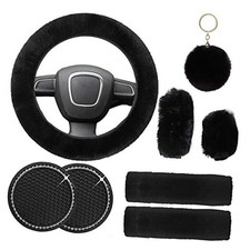 Cute Fluffy Steering Wheel Cover Set for Women, 1 Set 8 Pieces Fluffy Black