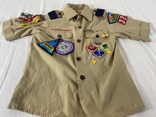 Boy Scout BSA Uniform Shirt Size 10 With 21 Patches and 30 Pins Made In USA