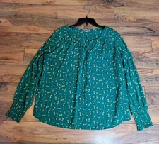 Pleione Womens Popover Smocked Cuff Sleeve Blouse Size XL Green Floral Cottage 