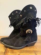 Wrangler Vintage Suede Size 4 Cowboy Boots Western Black Tassels Boho Indie VGC