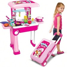 Kids 2-in-1 Play Kitchen Suitcase Travel Kitchen Toy Set w/ 25 Pretend Food