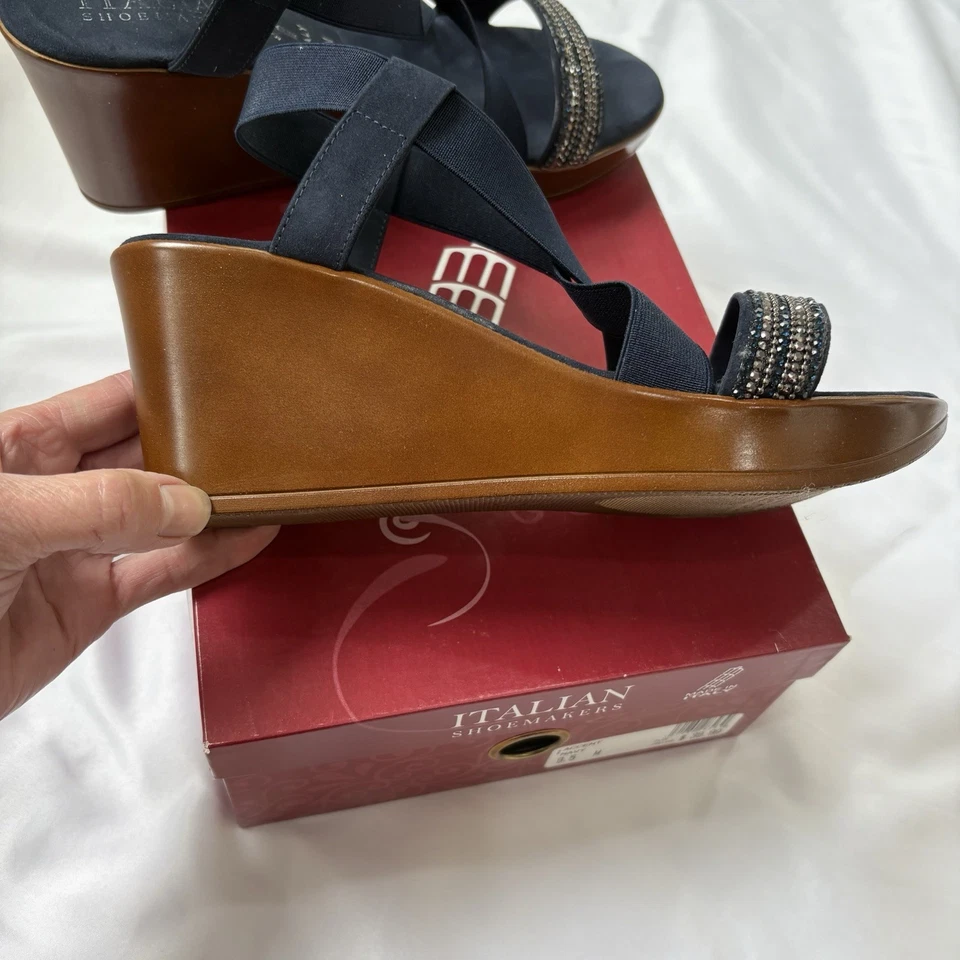 Sandalias Italianas Zapatero Cuña Estrás Punta Abierta Azul Para Mujer’s 9.5 Usadas Una Vez Foto 4 de 4