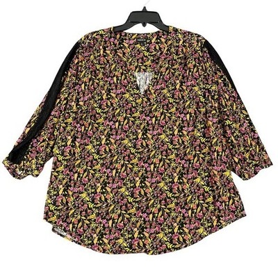 Torrid Floral Lace Inset V Neck Blouse 3/4 Sleeve Rayon Black Multi 2 Womens