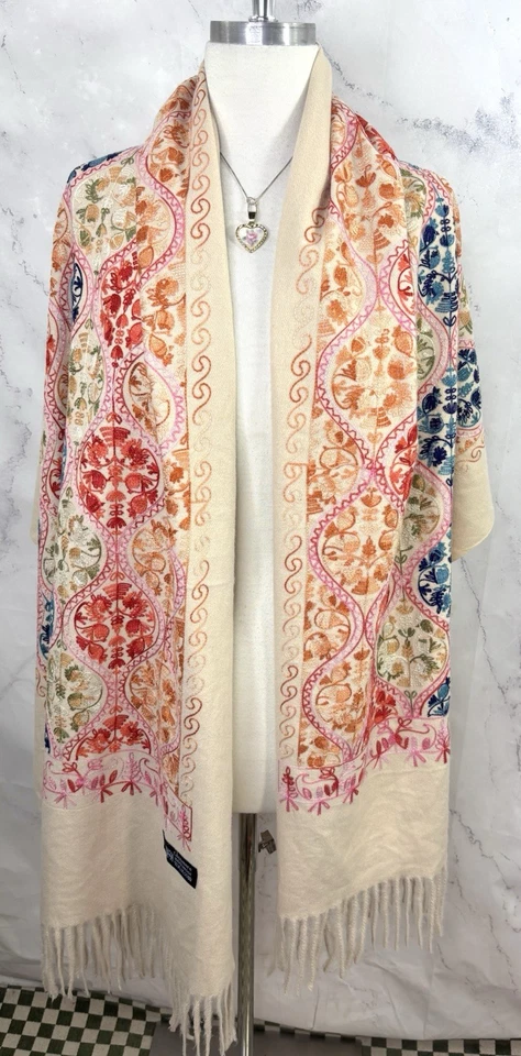 Винтажный кашемир шаль шарф вышитый кашмирский пашмина многоцветный цветочный мотив - Изображение 2 из 4