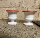 (2) Vintage Milk Glass Pedestal White with Red Trim Mini Planter/Urn