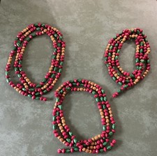 Vintage Holiday Christmas Wood Bead Garland Red Green Natural Wood Beads 3x9ft