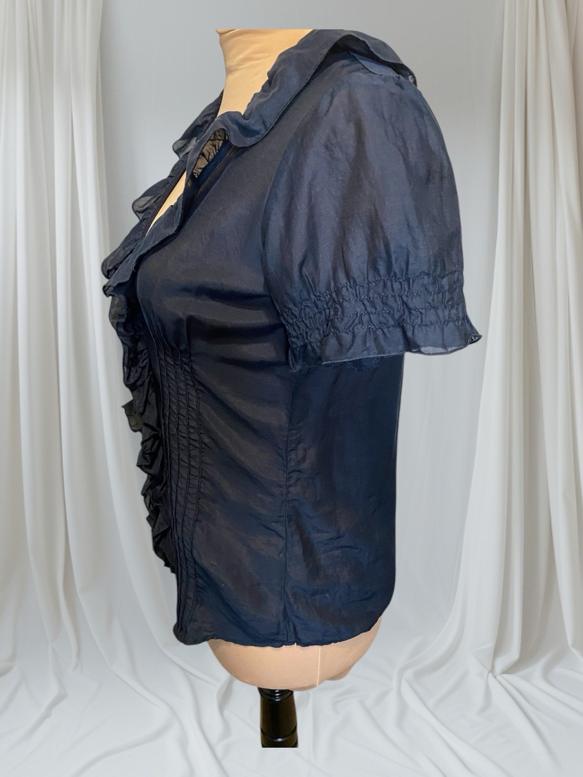 Gap Ruffle Front Button Down Blouse Navy Cotton S… - image 2