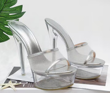 6" Clear Stripper Shoes - Pole Dance Clear w/Silver Mesh Insoles Size 10