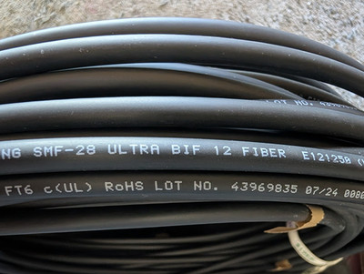 75'+ OFNP FT6 E121250 12 Fiber Cable, Ultra BIF Single mode Plus Corning SMF-28