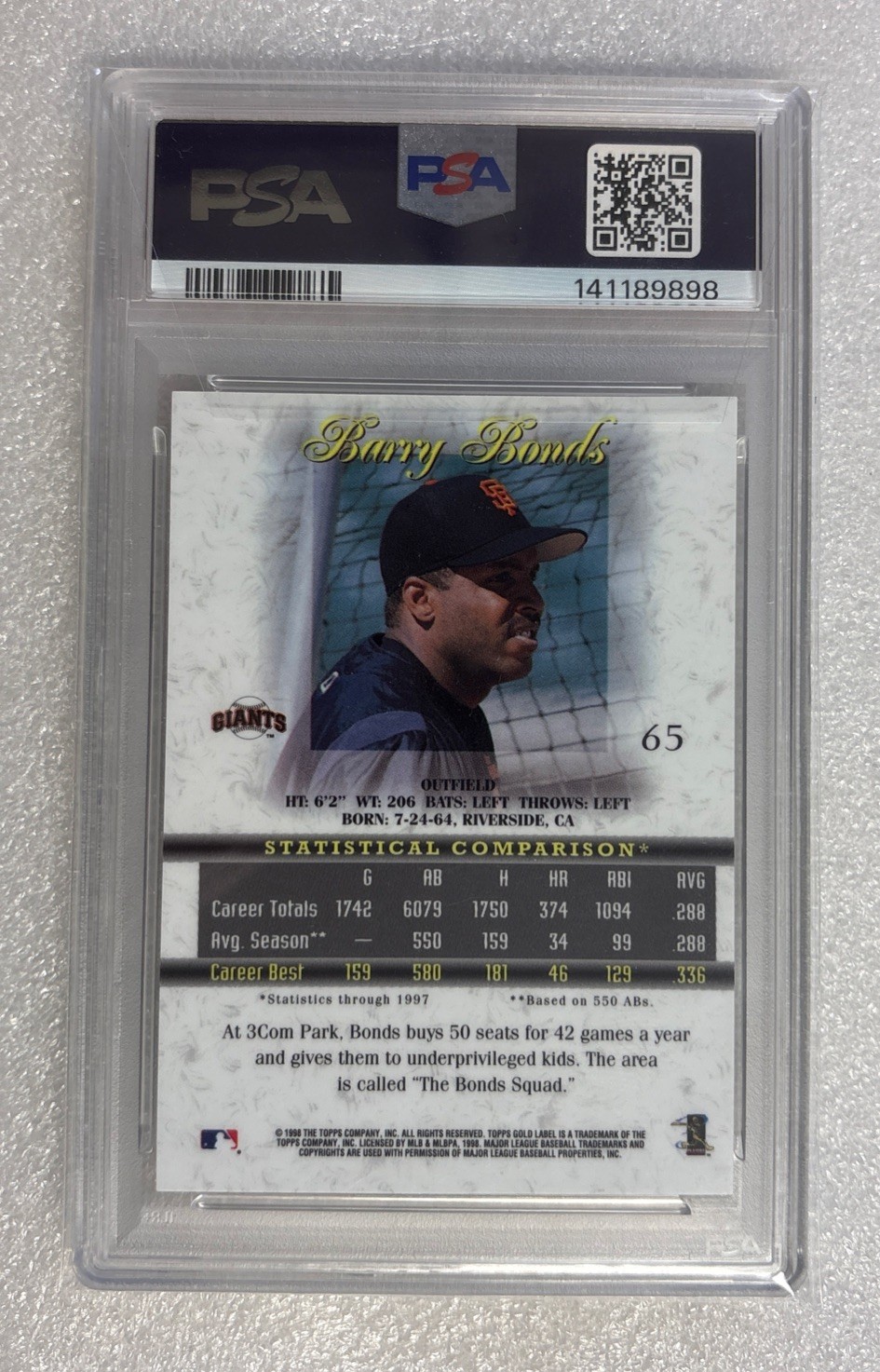 1998 Topps Gold Label - Class 3 Barry Bonds #65 PSA 8 San Francisco Giants view 2