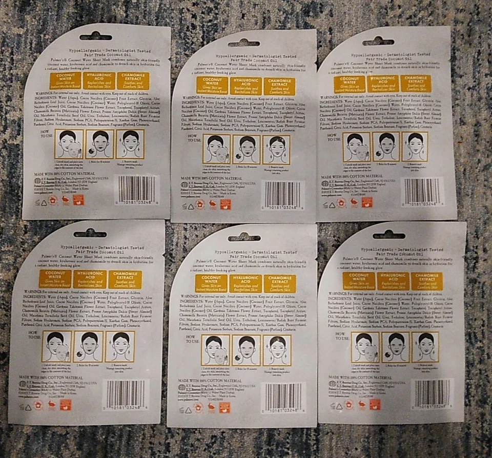 6 УПАКОВОК Palmers формула кокосового масла УВЛАЖНЯЮЩАЯ КОКОСОВАЯ ВОДА лист маска для лица - Изображение 2 из 4