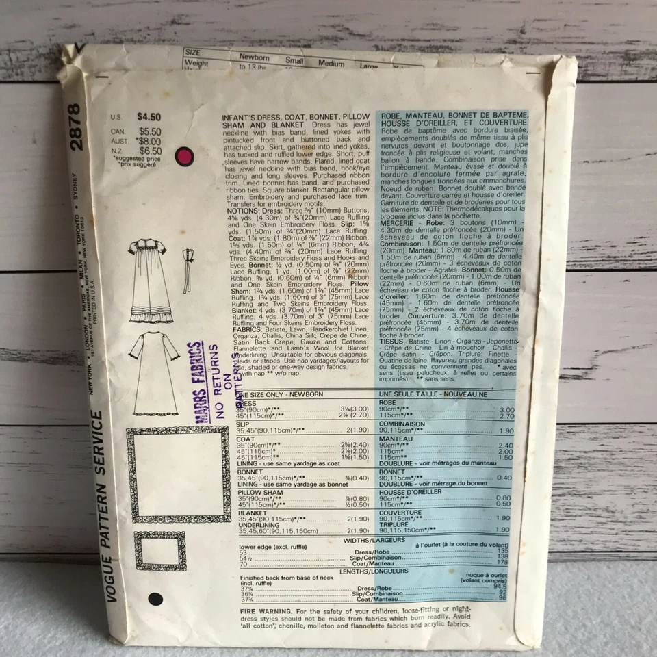 Vogue Sewing Pattern 2878 Baby Dress, Coat, Bonnet, Pillow Sham & Blanket  Sz NB - Image 2 of 4