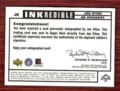 1999 Upper Deck Retro Inkredible #JK Jon Kitna Autographed Seattle