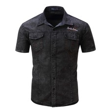Summer Men's Retro Slim Personality Cotton Denim Short Sleeve Button Shirt Top