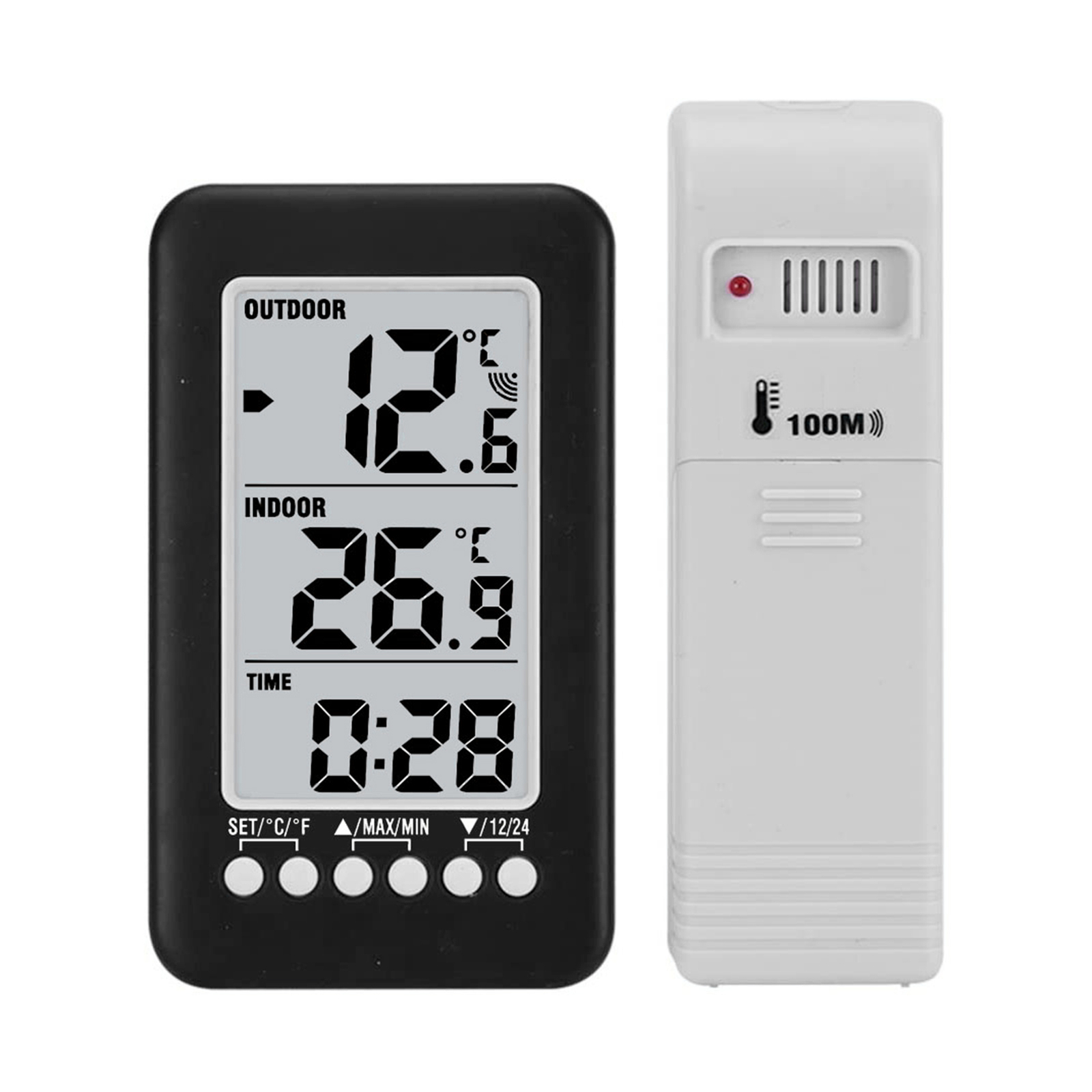 LCD Digital Outdoor Indoor Thermometer Clock Wireless Meter Transmitter