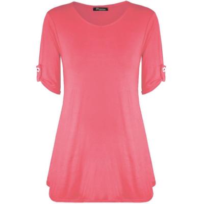 Damen Frauen Übergröße Knopf kurze Turn Up Ärmel ausgestellt Swing Kleid Long Top