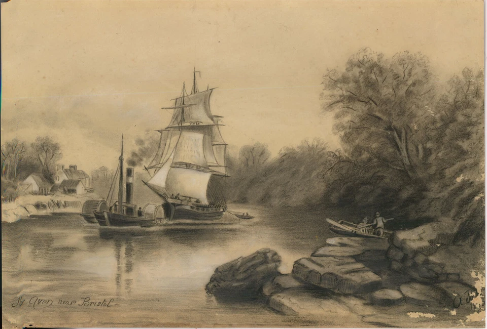 Dibujo de tiza y carbón de finales del siglo XIX - El Avon cerca de Bristol Foto 3 de 4