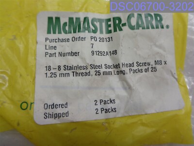 Qty=50: Mcmaster-Carr 18-8 Stainless Socket Screws M8 X 1.25 X 25MM #91292A148