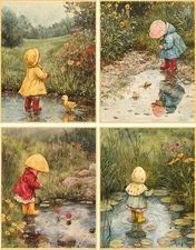 8 Vintage girl in pond note card glossy fold out blank with envelope organza bag