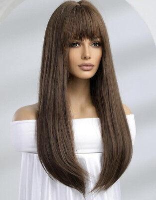Perruque Synthétique Longue Noire Lisse - Avec Frange, Bonnet Ajustable, Neuf Sans étiquettes