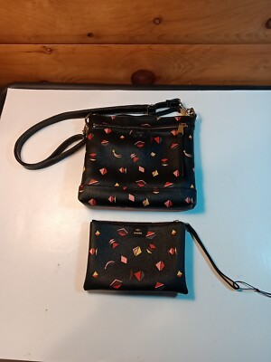 #ad Fossil Crossbody Purse W Matching Wristlet Wallet Geometric Abstract Triangles