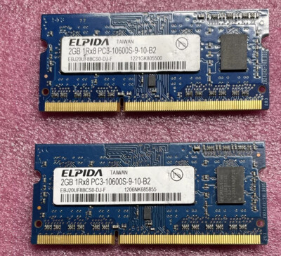 (2) Elpida 2GB 2RX8 PC3-10600S-9-10-B2 Laptop Memory EBJ20UF8BCS0-DJ-F