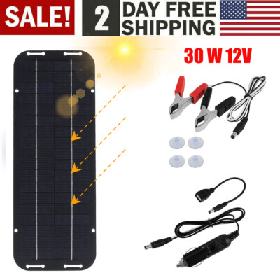 30W Solar Panel 12V Trickle Charger Battery Charger Kit Maintainer Boat Car RV